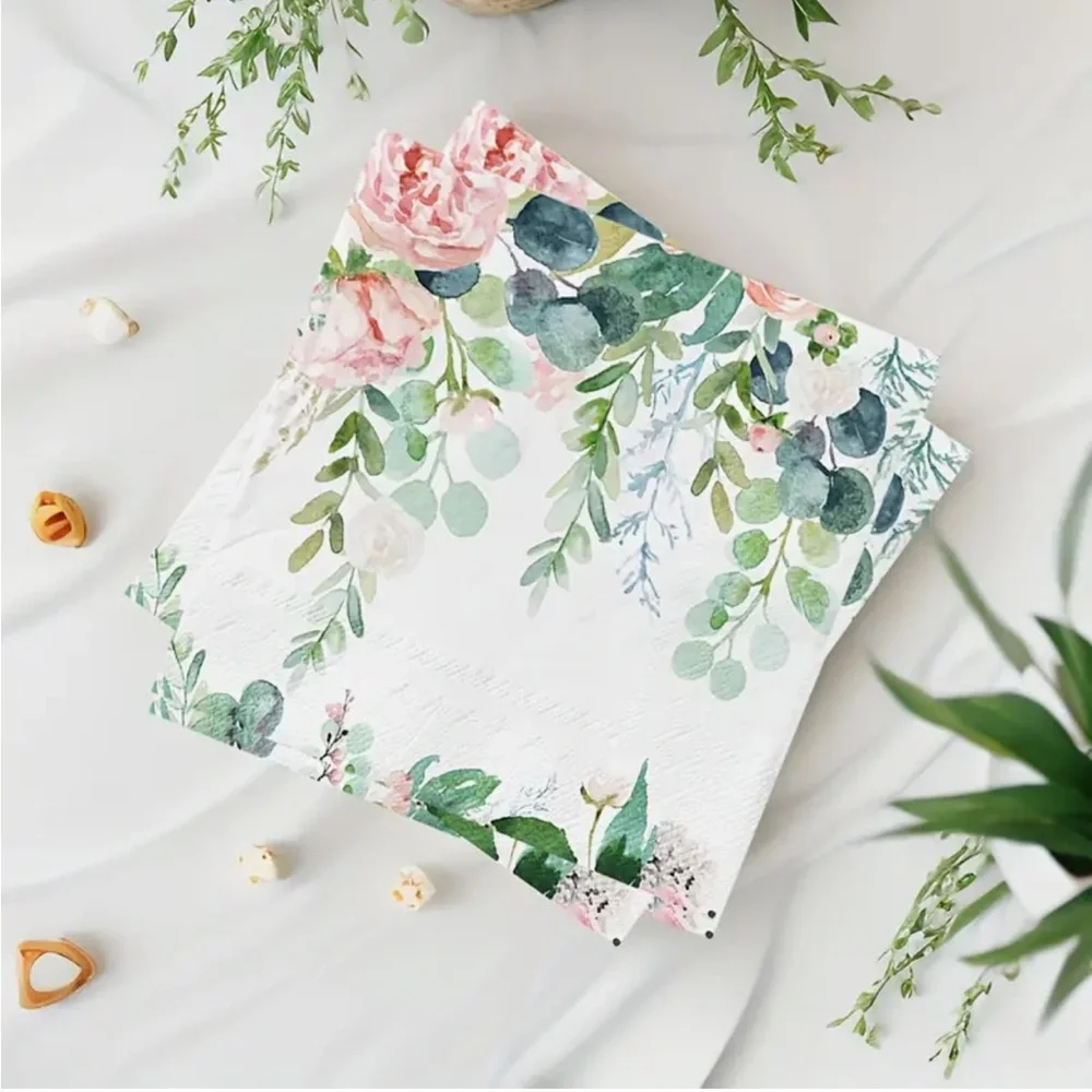 Pink Roses with Eucalyptus Luncheon Paper Napkins, 20ct